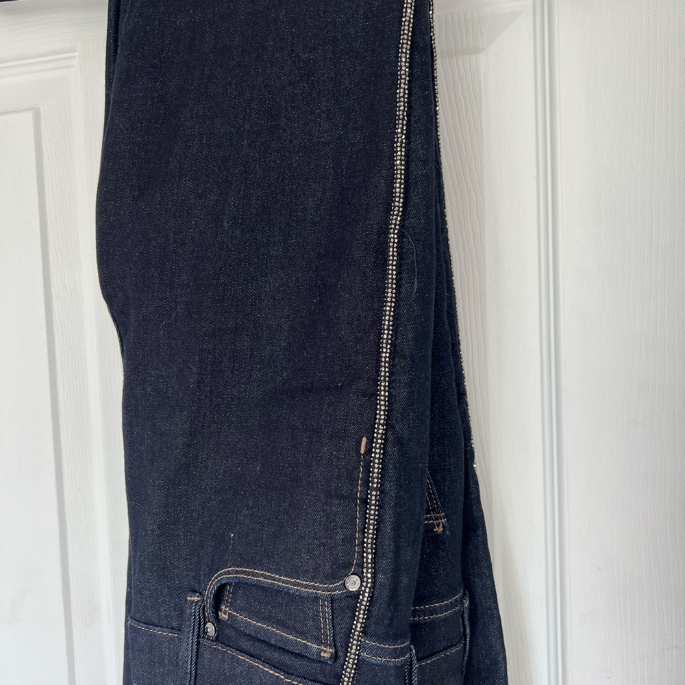 White House Black Market High-Rise skinny flare Jeans w/Rhinestone pinstripes
